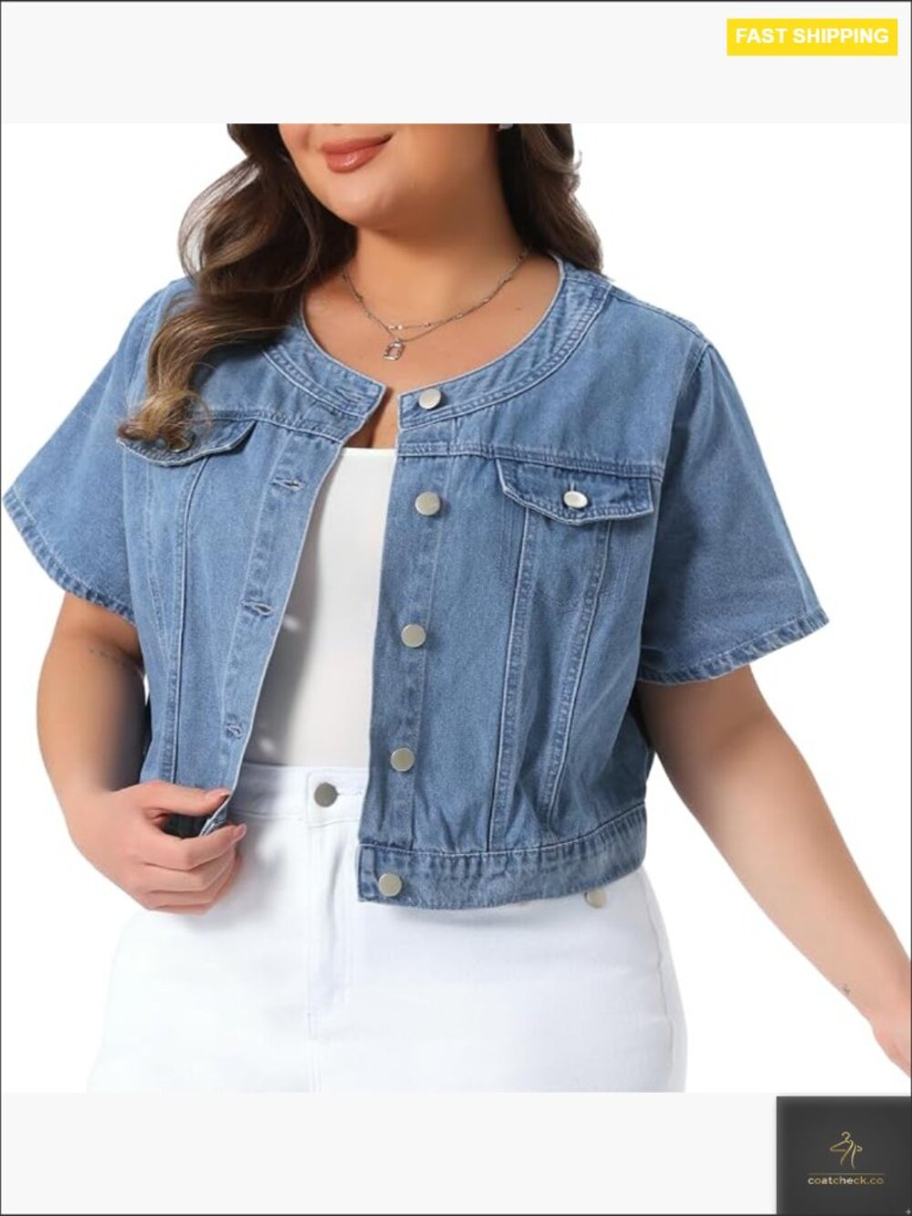 Plus Size Denim Vest Cropped Jean Jacket Crew Neck Button Down Short Sleeve Y2K